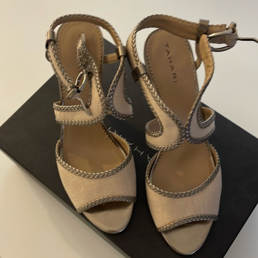 Beautiful tan and gold 4” sandals heels